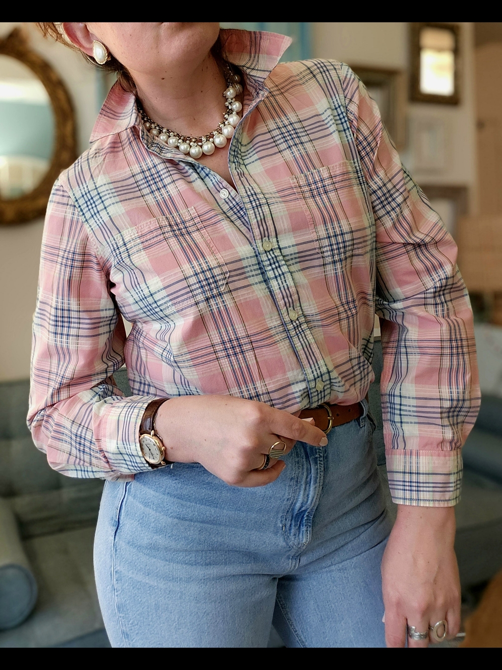 Ralph Lauren Pink Plaid Button-Down Shirt with Blue Accents